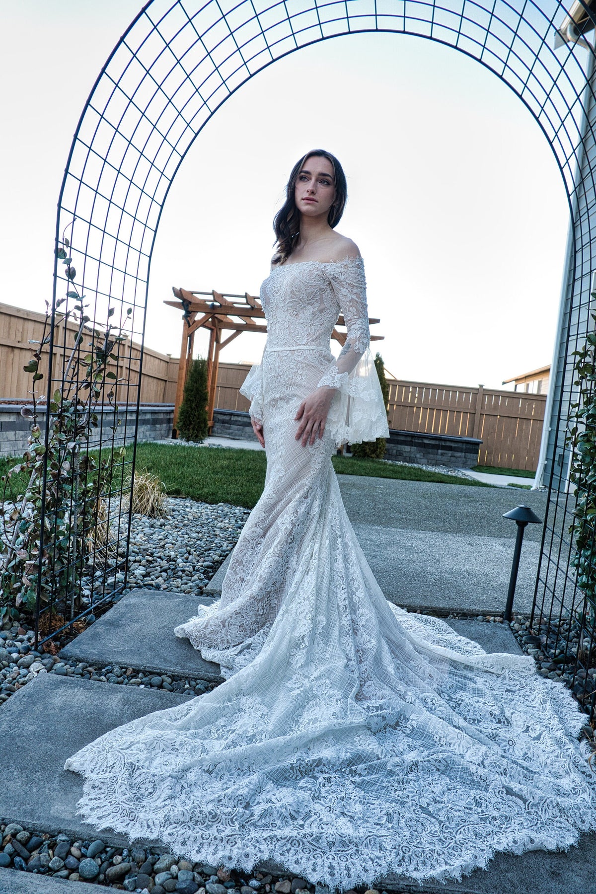 Beautiful Lace Off the Shoulder Long Sleeve Straight Neckline Mermaid Fit and Flare Wedding Dress Bridal Gown All Over Lace Vintage Style