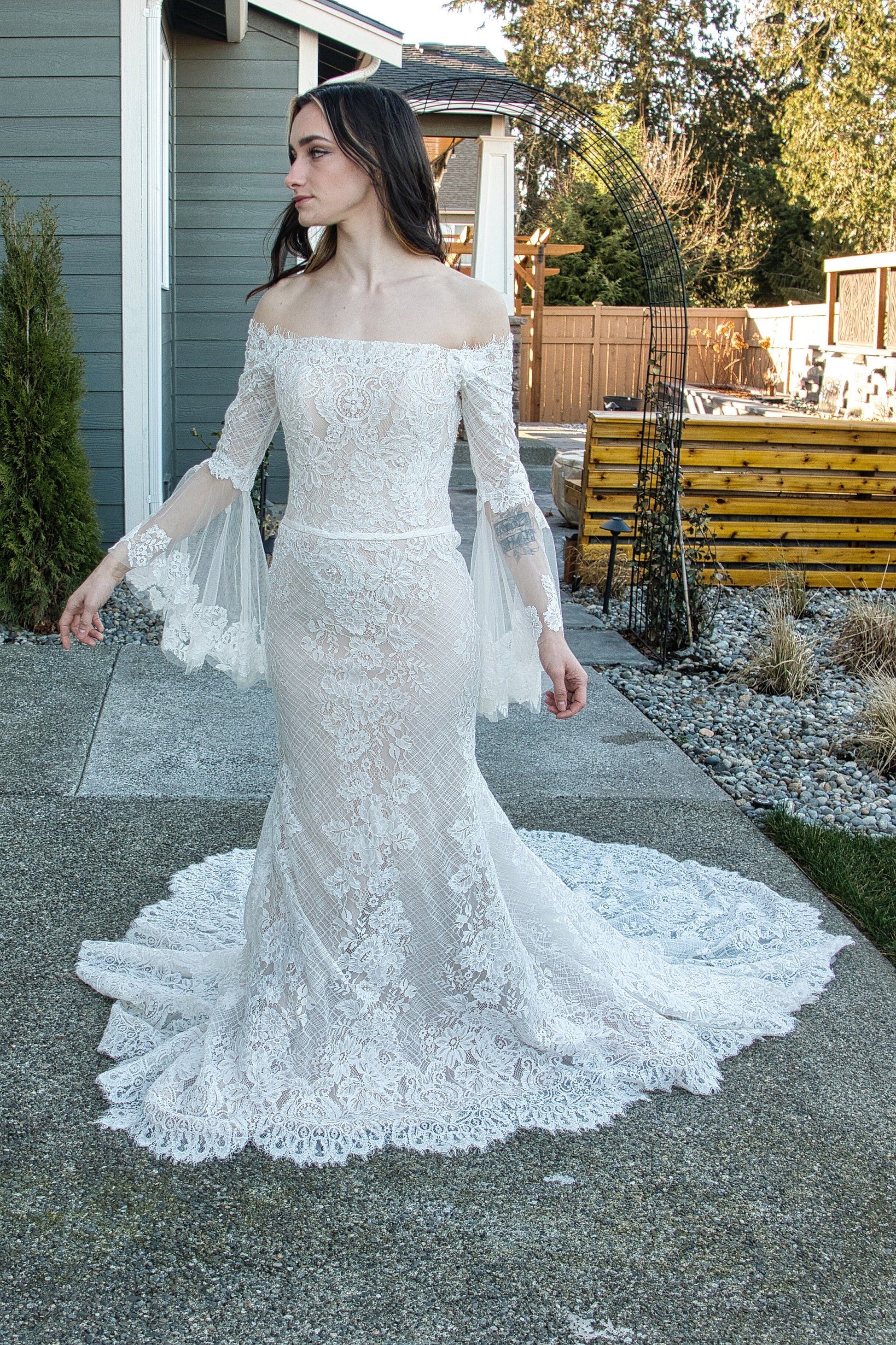 Beautiful Lace Off the Shoulder Long Sleeve Straight Neckline Sheath Fit and Flare Wedding Dress Bridal Gown All Over Lace