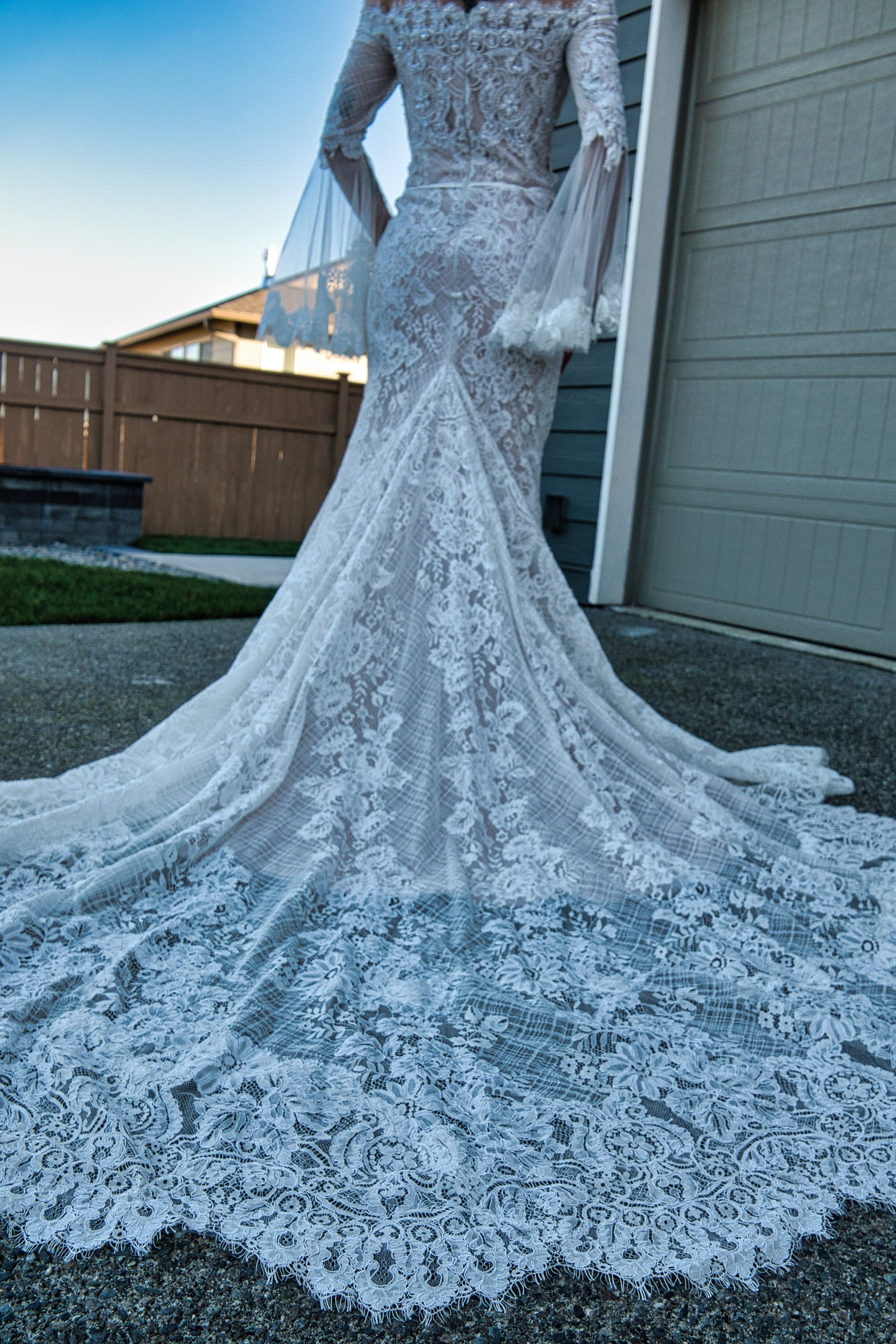 Beautiful Lace Off the Shoulder Long Sleeve Straight Neckline Sheath Fit and Flare Wedding Dress Bridal Gown All Over Lace