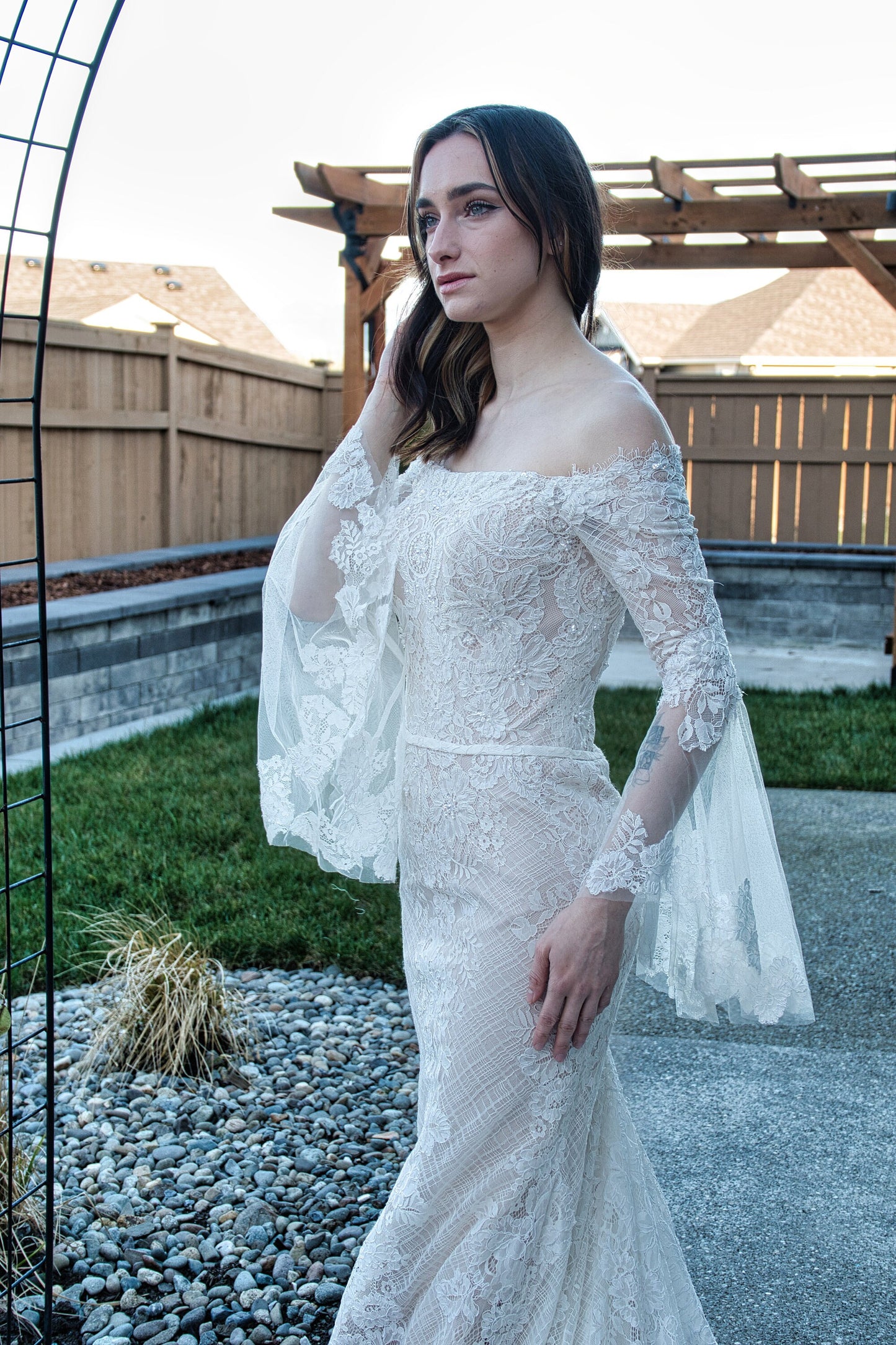 Beautiful Lace Off the Shoulder Long Sleeve Straight Neckline Sheath Fit and Flare Wedding Dress Bridal Gown All Over Lace