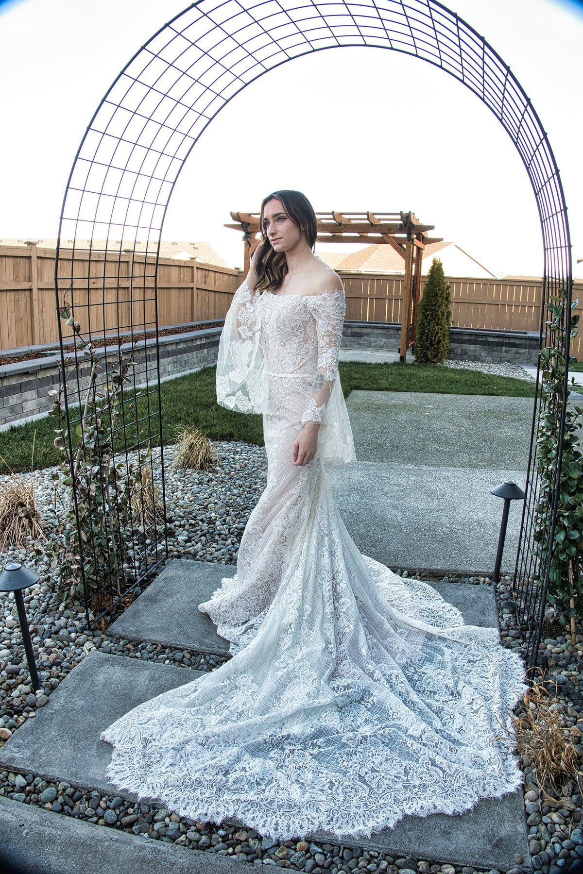 Beautiful Lace Off the Shoulder Long Sleeve Straight Neckline Sheath Fit and Flare Wedding Dress Bridal Gown All Over Lace