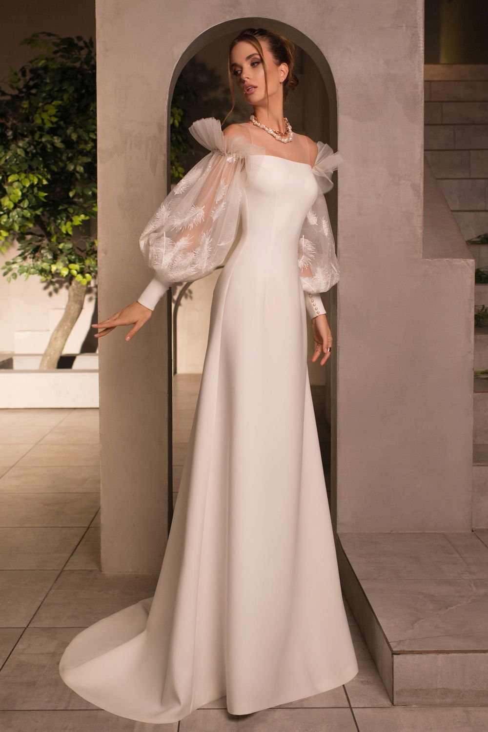 Beautiful Unique Design Minimalist Long Off The Shoulder Bishop Sleeves Crepe Fabric Wedding Dress Bridal Gown Train Straight Neckline