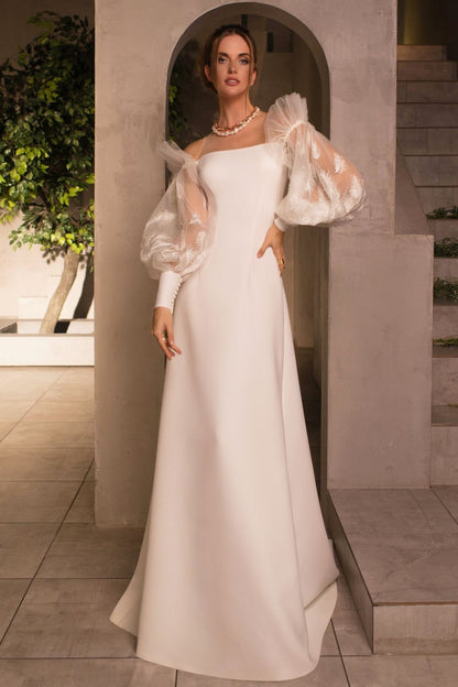 Beautiful Unique Design Minimalist Long Off The Shoulder Bishop Sleeves Crepe Fabric Wedding Dress Bridal Gown Train Straight Neckline