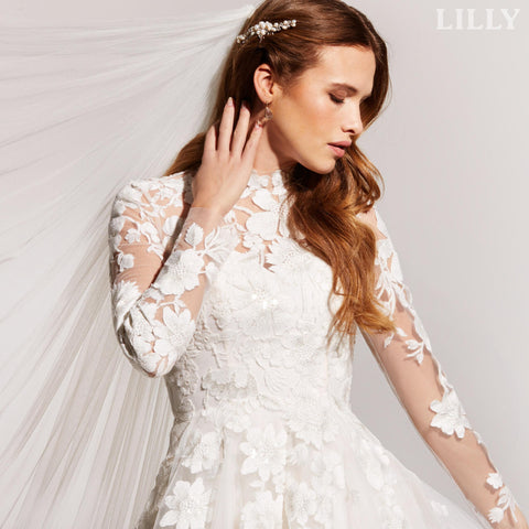 Beautiful High Neckline Long Illusion Sleeves Floral Lace ALine Wedding Dress Bridal Gown Short Train Illusion Back Zipper