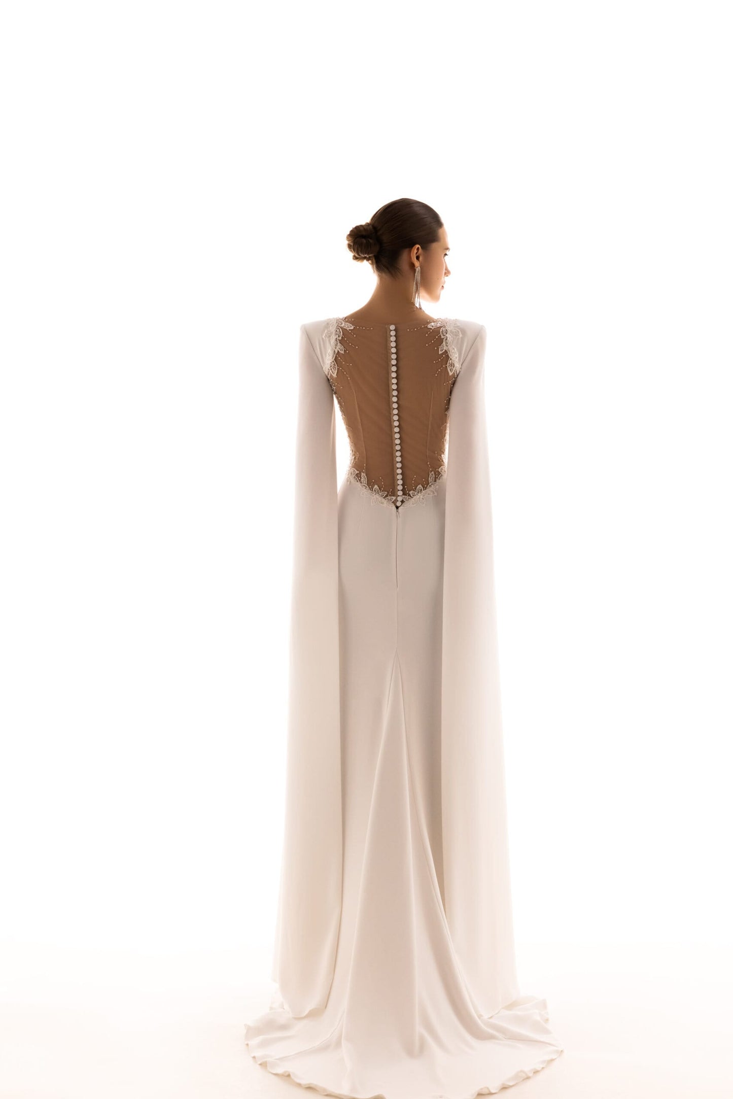 Simple Sheath Minimalist Long Cape Sleeves Illusion Back CHiffon Lace Simple Design High Modest Neckline