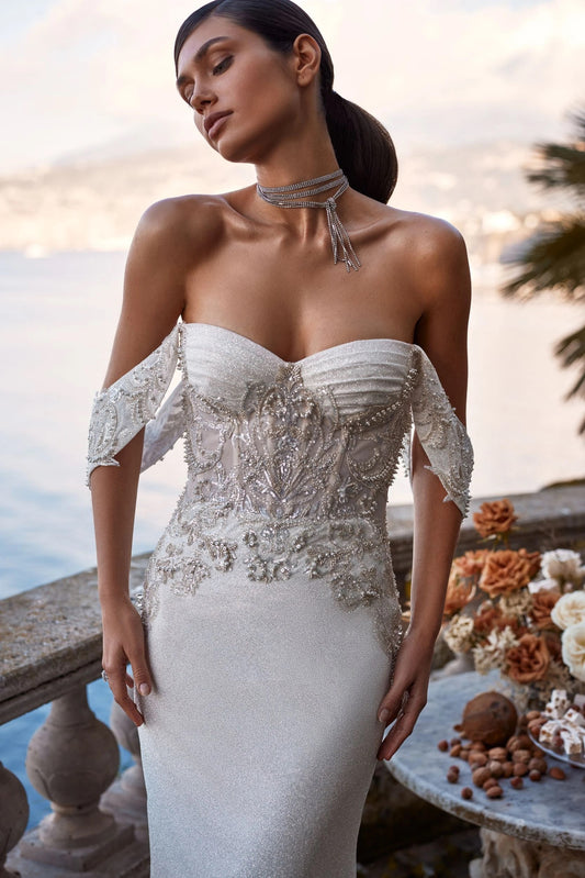 Luxury Unique Mermaid Silhouette Translucent Corset Sparkle Glitter Wedding Dress Bridal Gown Sweetheart Neckline Train Off The Shoulder