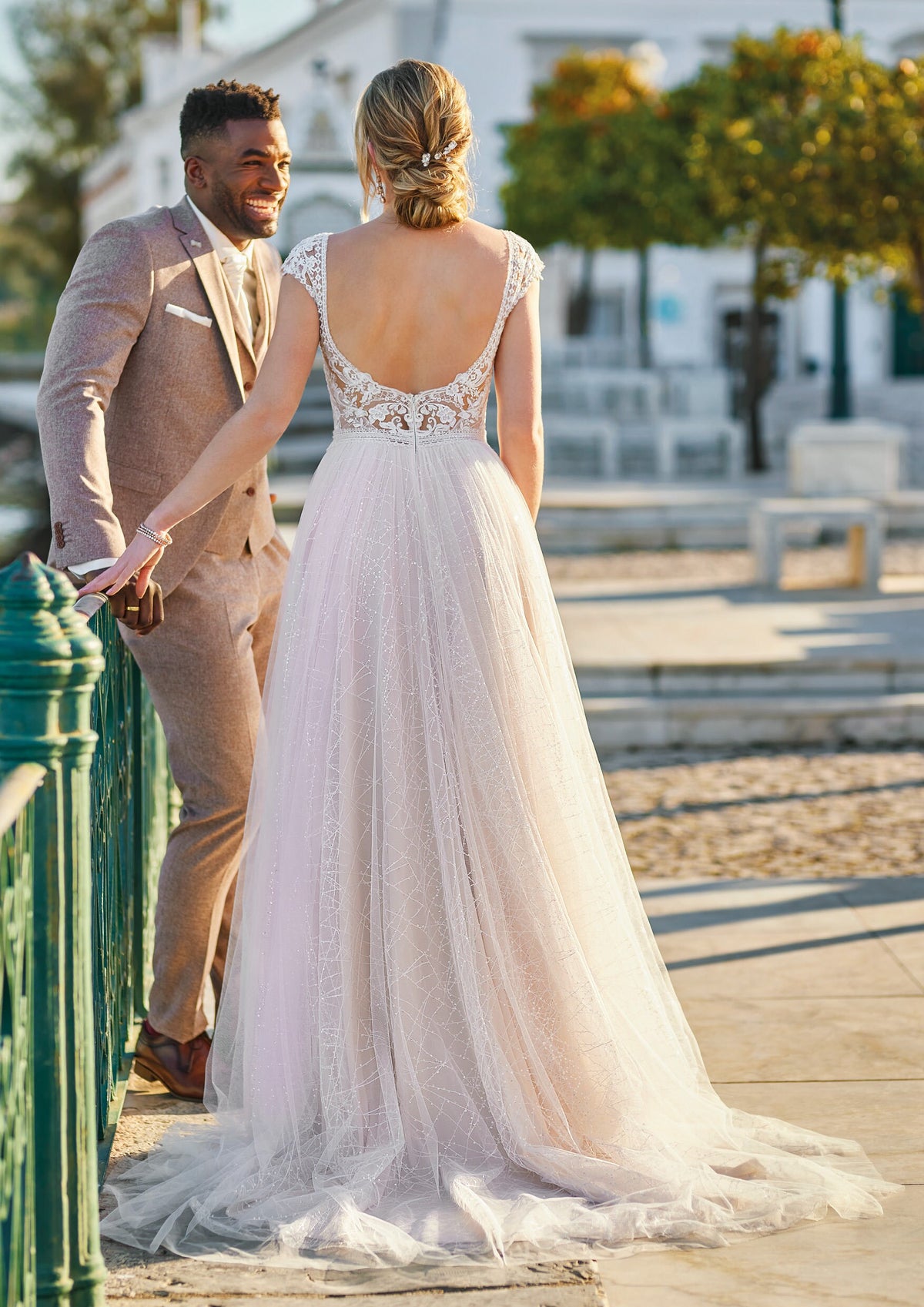 Romantic Elegant Champagne Wedding Dress Bridal Gown A-line Silhouette Deep V Neckline Cap Sleeves Tulle Skirt Lace Bodice Train