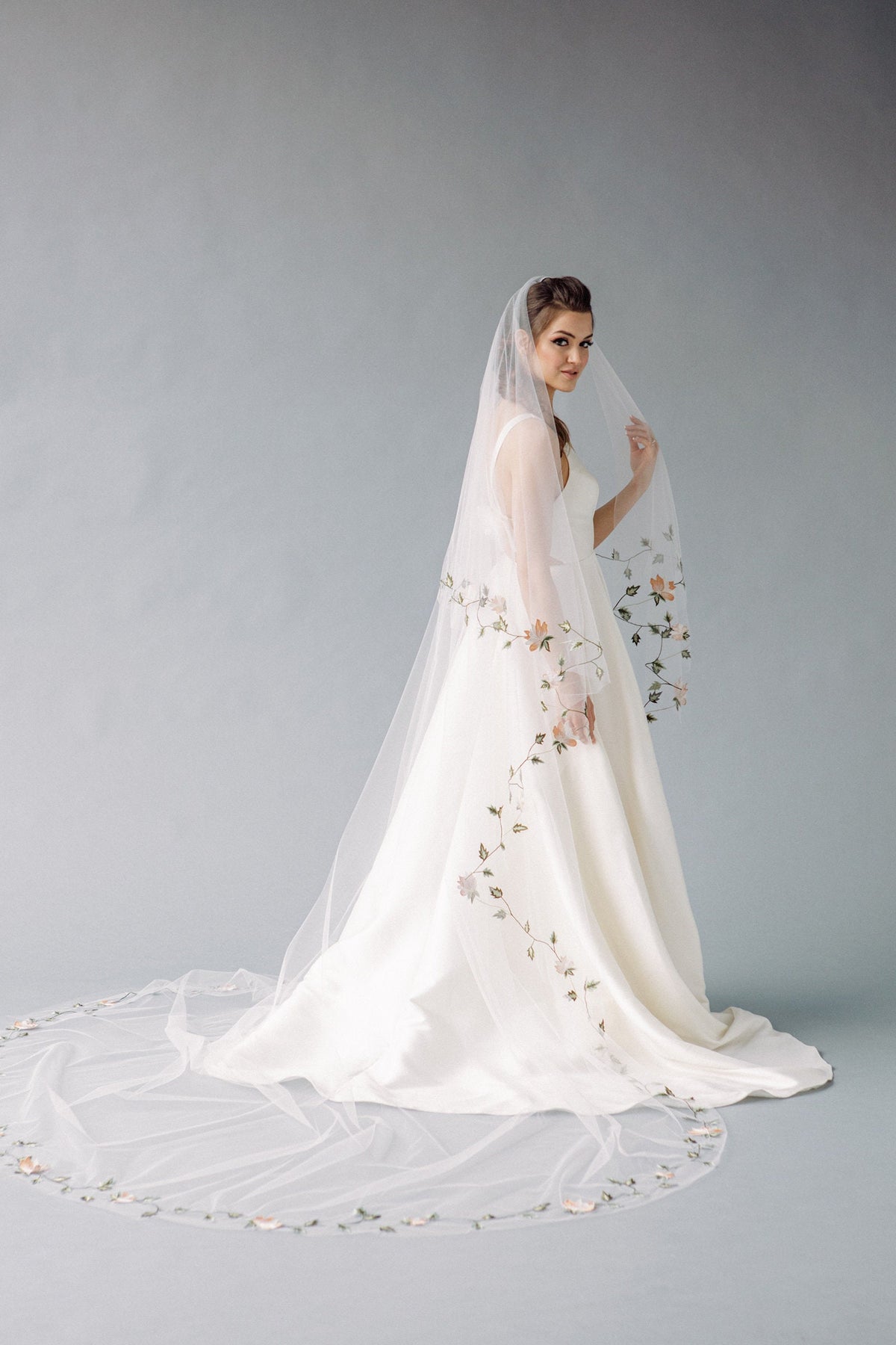 Bridal Veils Embroidered Vines Sage Emerald Peach Blooms Wedding Veil Cathedral Length Floral Design Blusher