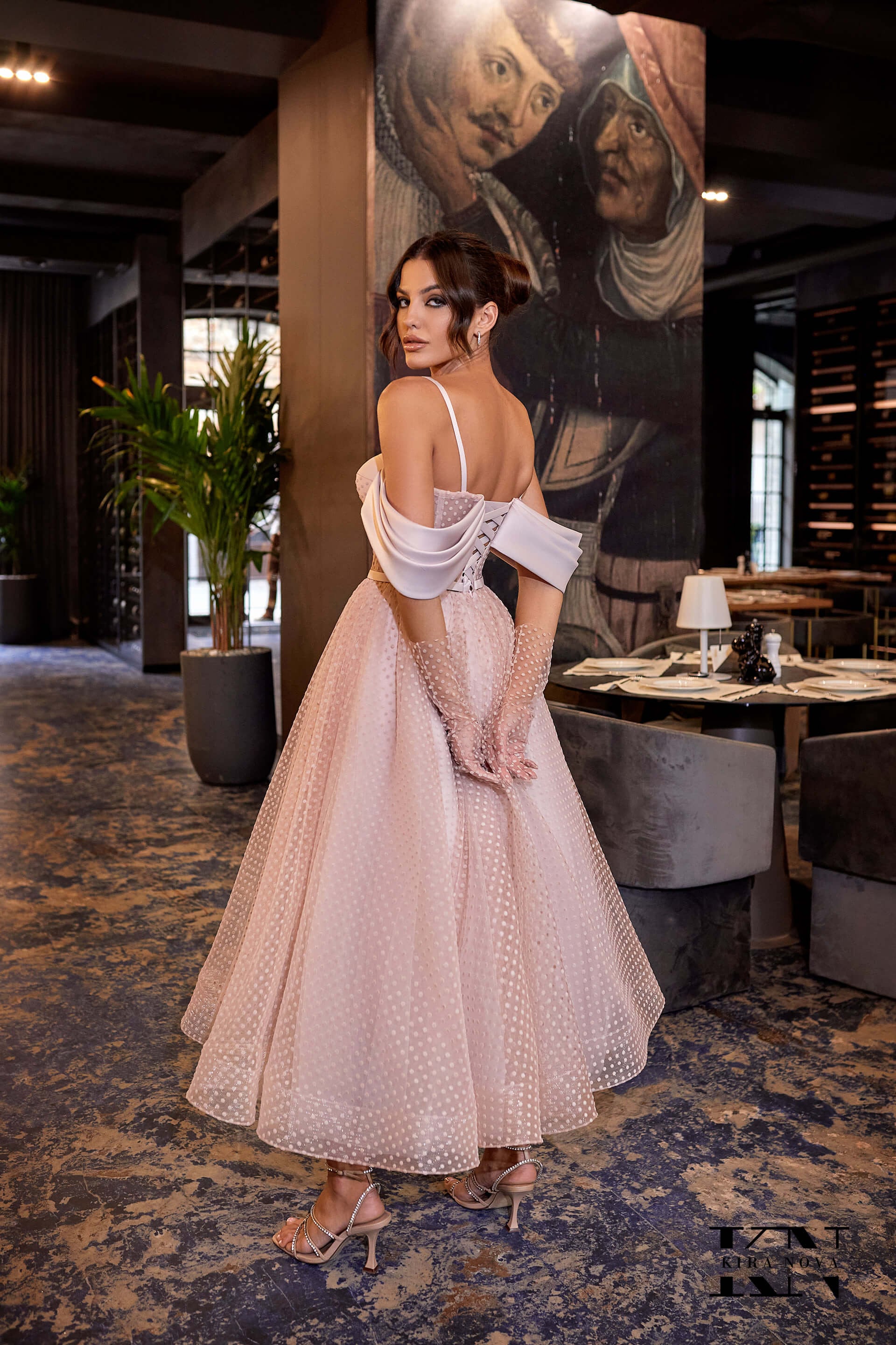 Blushing Pink Bustier Off the Shoulder Sweetheart Neckline Polka Dot Straps Tea Length Short Wedding Dress Bridal Gown Formal Gala Evening