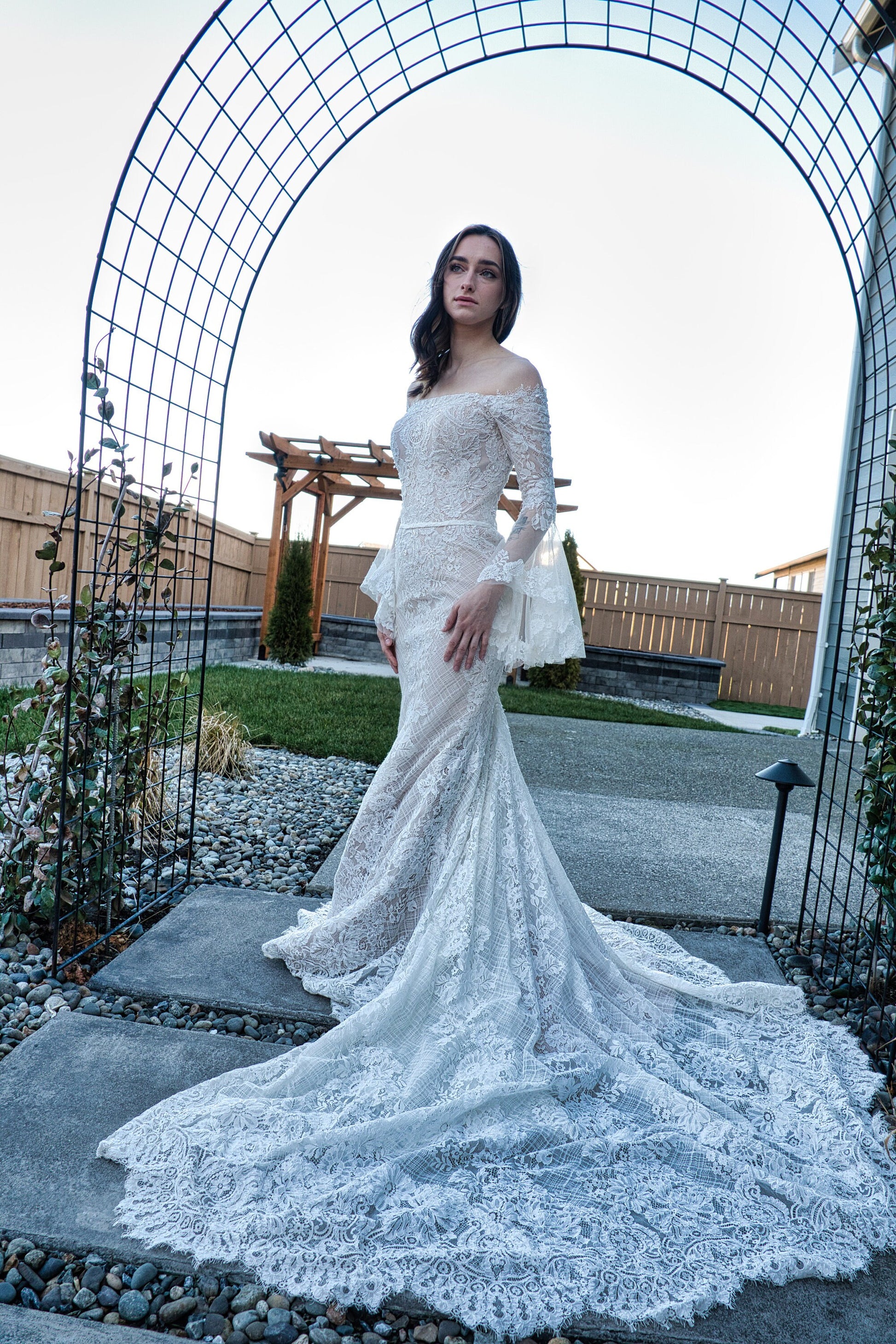 Beautiful Lace Off the Shoulder Long Sleeve Straight Neckline Sheath Fit and Flare Wedding Dress Bridal Gown All Over Lace