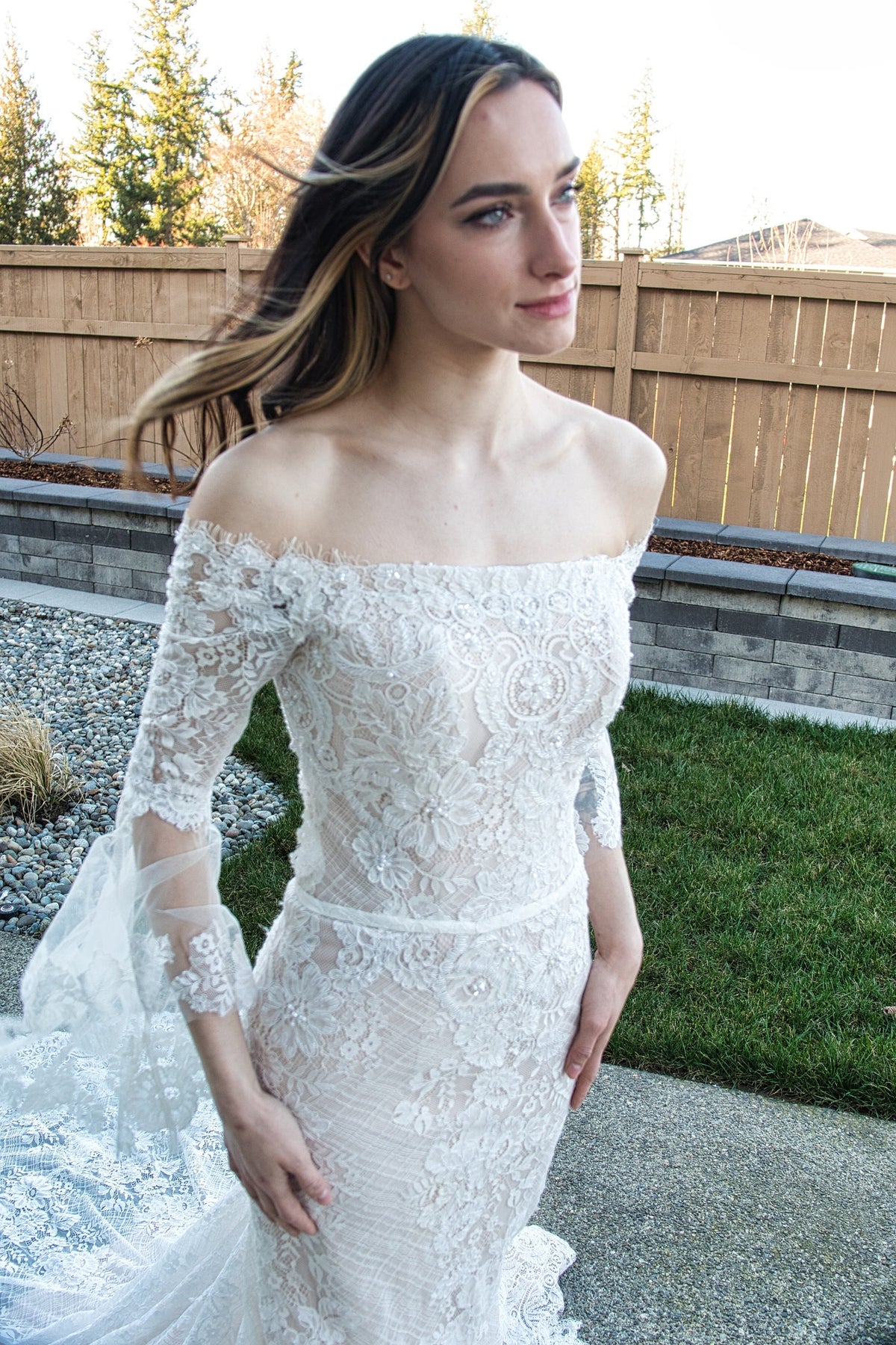 Beautiful Lace Off the Shoulder Long Sleeve Straight Neckline Sheath Fit and Flare Wedding Dress Bridal Gown All Over Lace