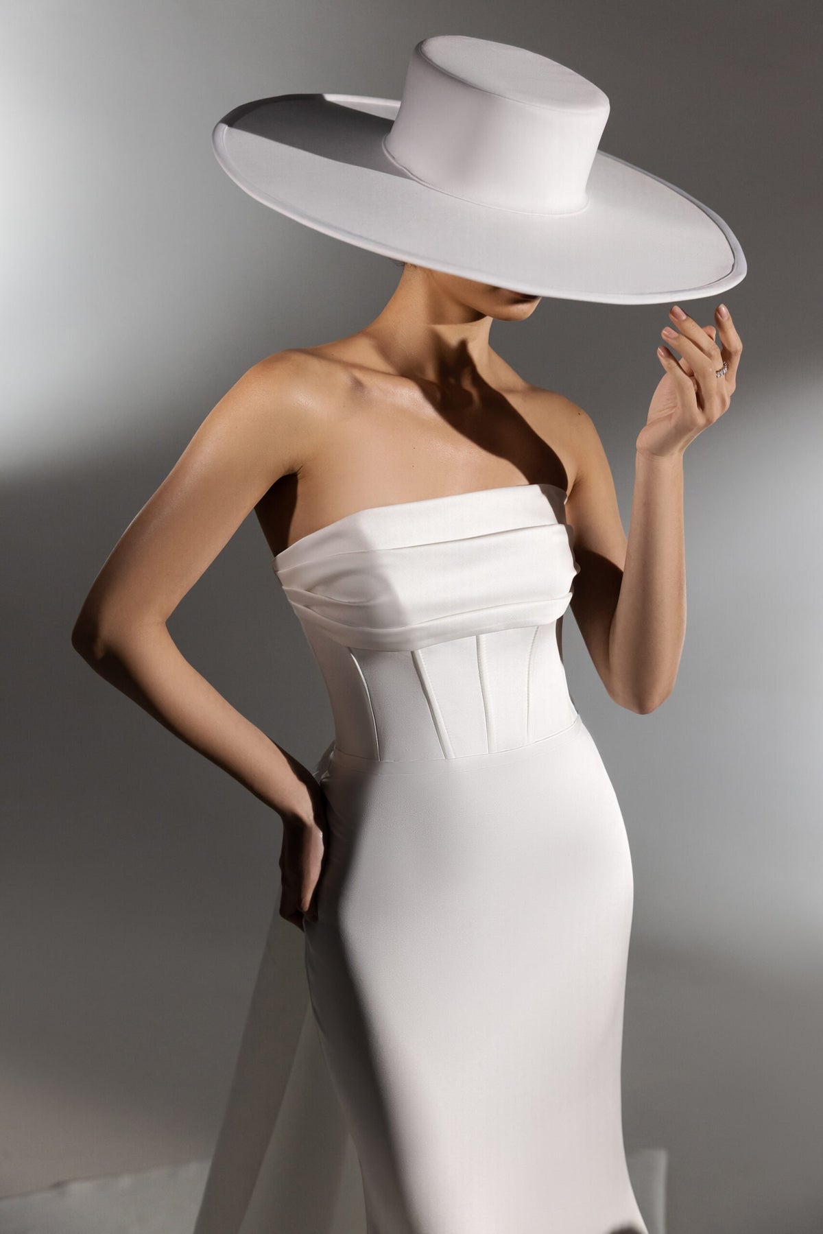 Simple Fit and Flare Minimalist Sleeveless Strapless Straight Neckline Open Back Bare Shoulders Watteau Style Train Elegant Design
