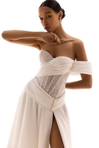 Modern Unique Design Bustier Sweetheart Neckline Aline Wedding Dress Bridal Gown Side Slit Sexy Design One Shoulder Sparkle Sleeveless