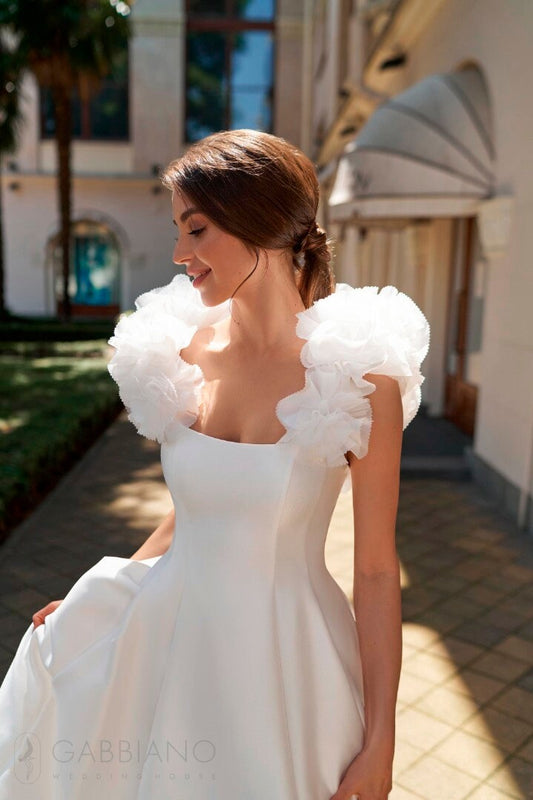 Minimalistic Wedding Dress Bridal Gown with Straps, Mikado Long Semi-Fluffy Skirt Aline Silhouette Off White Sleeveless Open Back Zipper