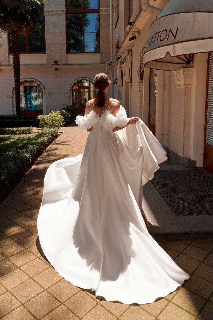 Minimalistic Wedding Dress Bridal Gown with Straps, Mikado Long Semi-Fluffy Skirt Aline Silhouette Off White Sleeveless Open Back Zipper