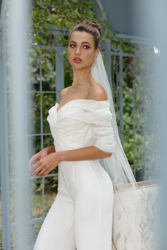 Straight Off-Shoulder Half Sleeve Crepe Bridal Jumpsuit with Dot Tulle Drapery Bare Shoulders Wide Leg