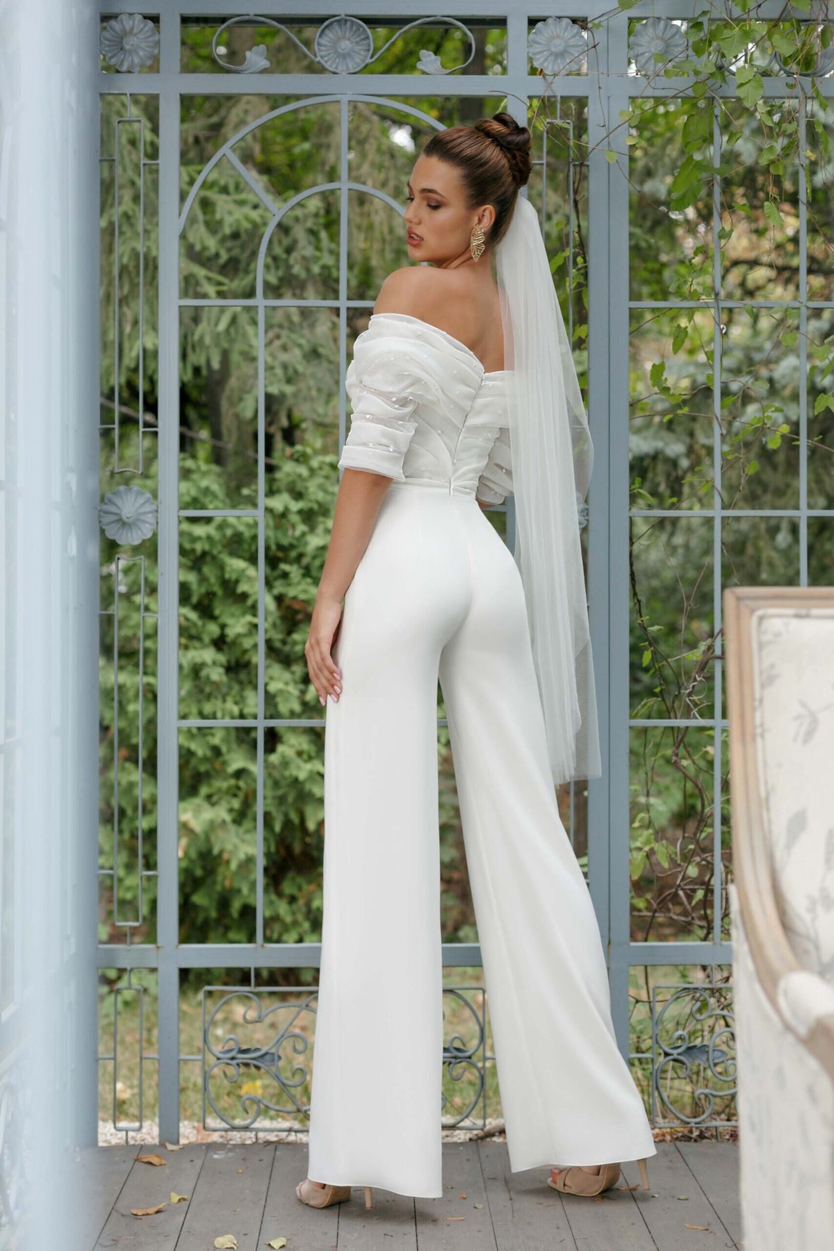 Straight Off-Shoulder Half Sleeve Crepe Bridal Jumpsuit with Dot Tulle Drapery Bare Shoulders Wide Leg
