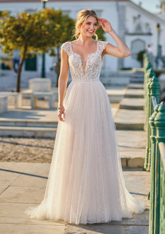 Romantic Elegant Champagne Wedding Dress Bridal Gown A-line Silhouette Deep V Neckline Cap Sleeves Tulle Skirt Lace Bodice Train