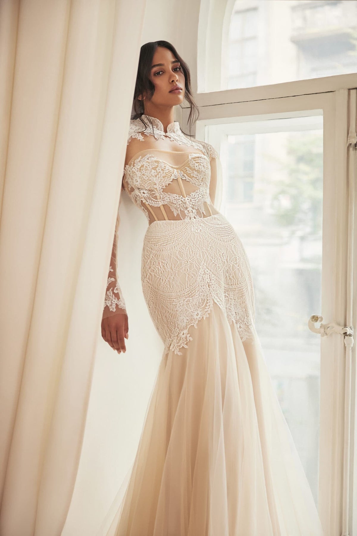 Sexy Fitted Open Back Mermaid Sleeveless Detachable Collar Long Sleeve Sweetheart Neckline Wedding Dress Bridal Gown Lace Corset Back