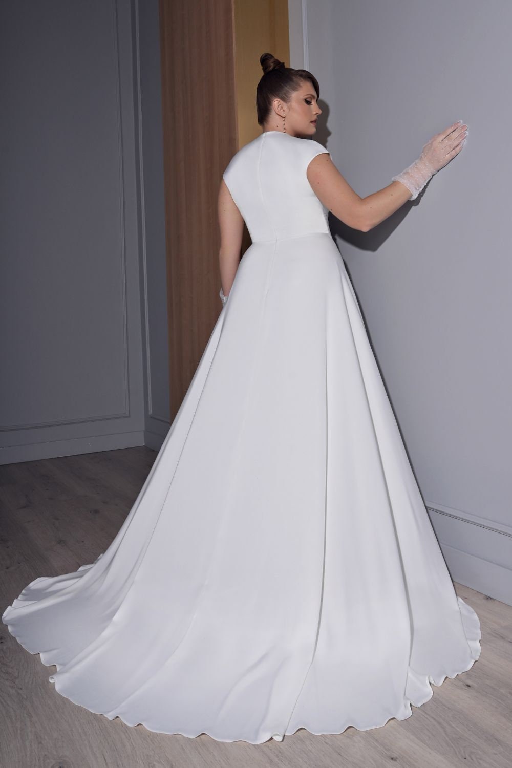 Simple Minimalist V Neckline Aline Silk Satin Wedding Dress Bridal Gown Classic Design Modest LDS Style Short Cap Sleeves Covered Back Train