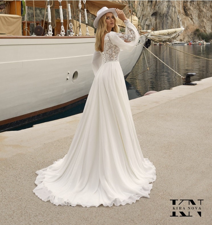 Boho Style Long Sleeve V Neck Aline Wedding Dress Chiffon and Lace Side Slit Bridal Gown Unique Design Open Back Corset Lace Up with Train