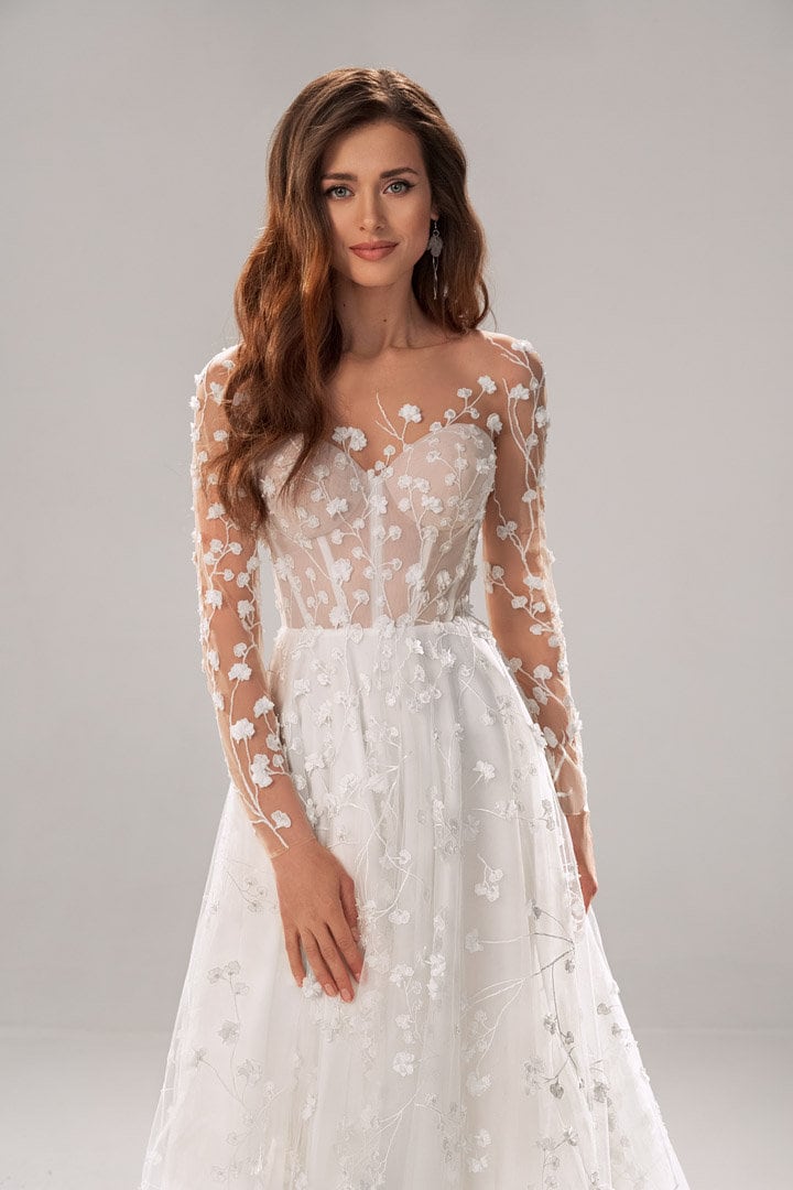 Unique Romantic Design Floral Lace Aline Wedding Dress Bridal Gown Long Illusion Sleeve 3D Flowers Sweetheart Neckline Bustier Button Back