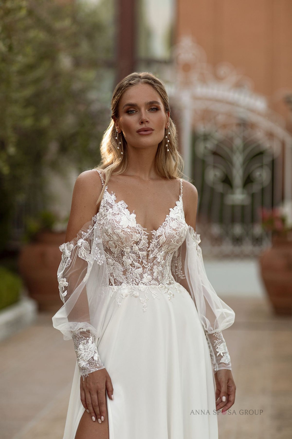 Classic ALine Floral Lace Beach Off The Shoulder Long Sleeve Wedding Dress Bridal Gown V Neckline Side Slit Open Back with Short Train