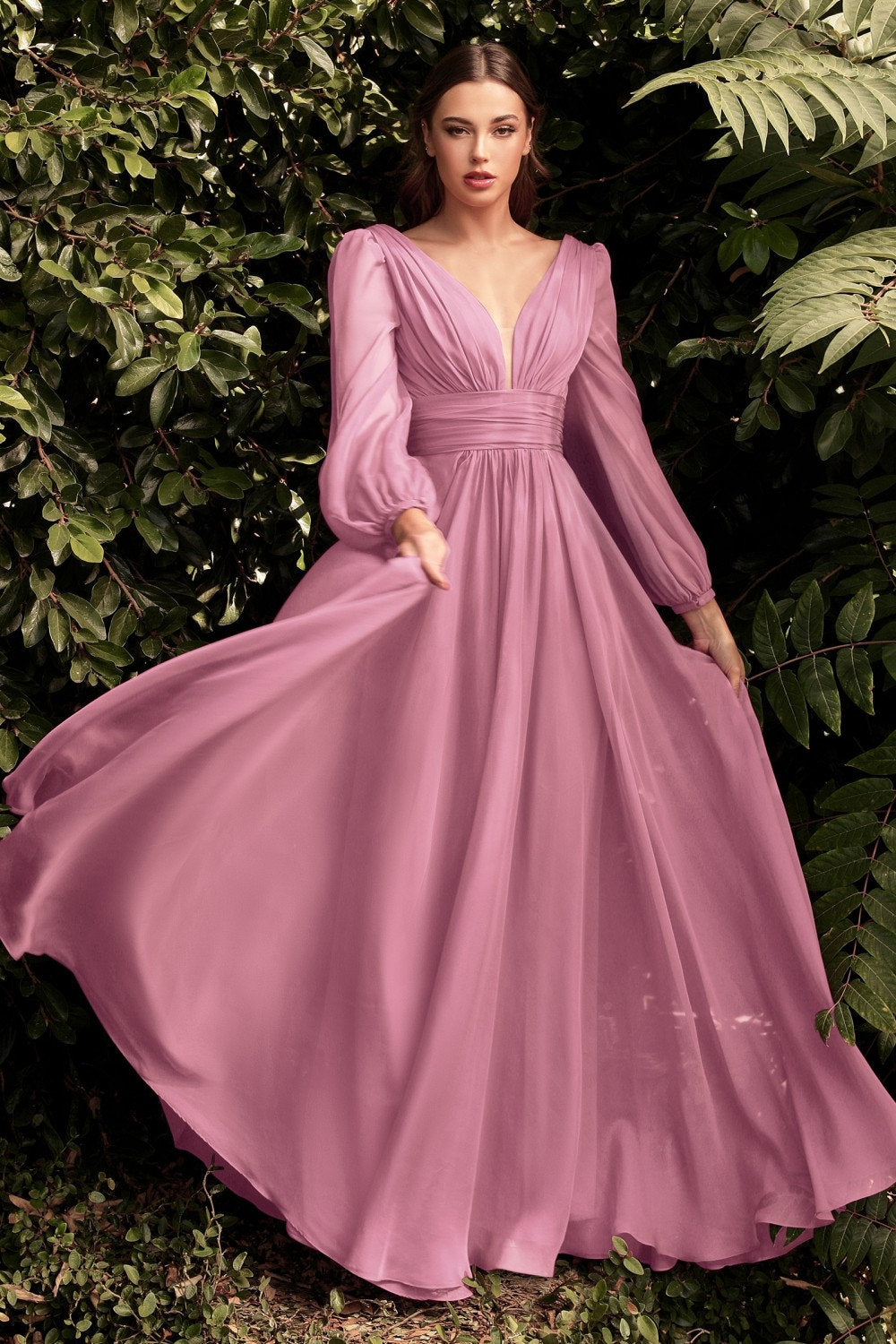 Beautiful Unique Long Sleeve Chiffon Aline Dress Wide V Neckline Prom Formal Gown Bridesmaid Dress Open Back