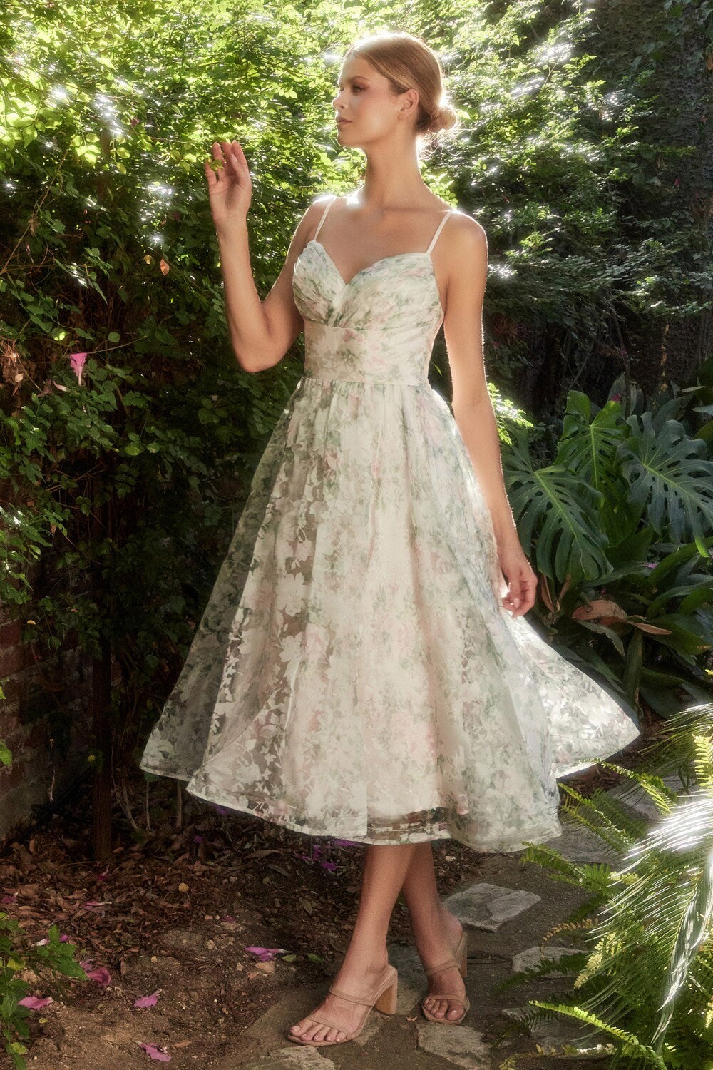 Fun Flirty Strapless Floral Tea Length Dress Sleeveless V Sweetheart Neckline Detachable Puff Sleeves Declicate Fabric Prom Reception Formal