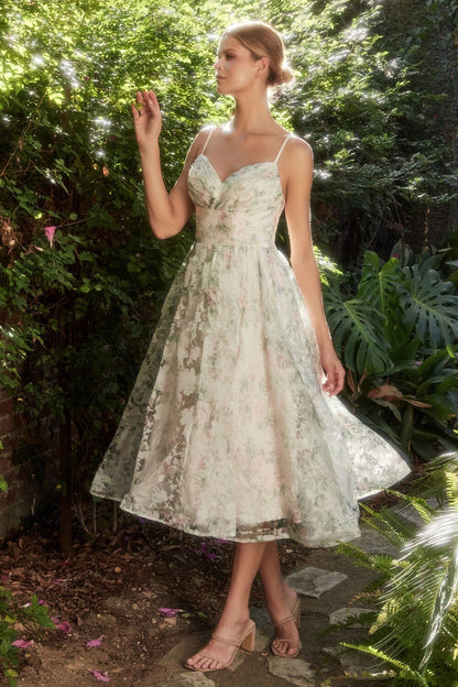 Fun Flirty Strapless Floral Tea Length Dress Sleeveless V Sweetheart Neckline Detachable Puff Sleeves Declicate Fabric Prom Reception Formal