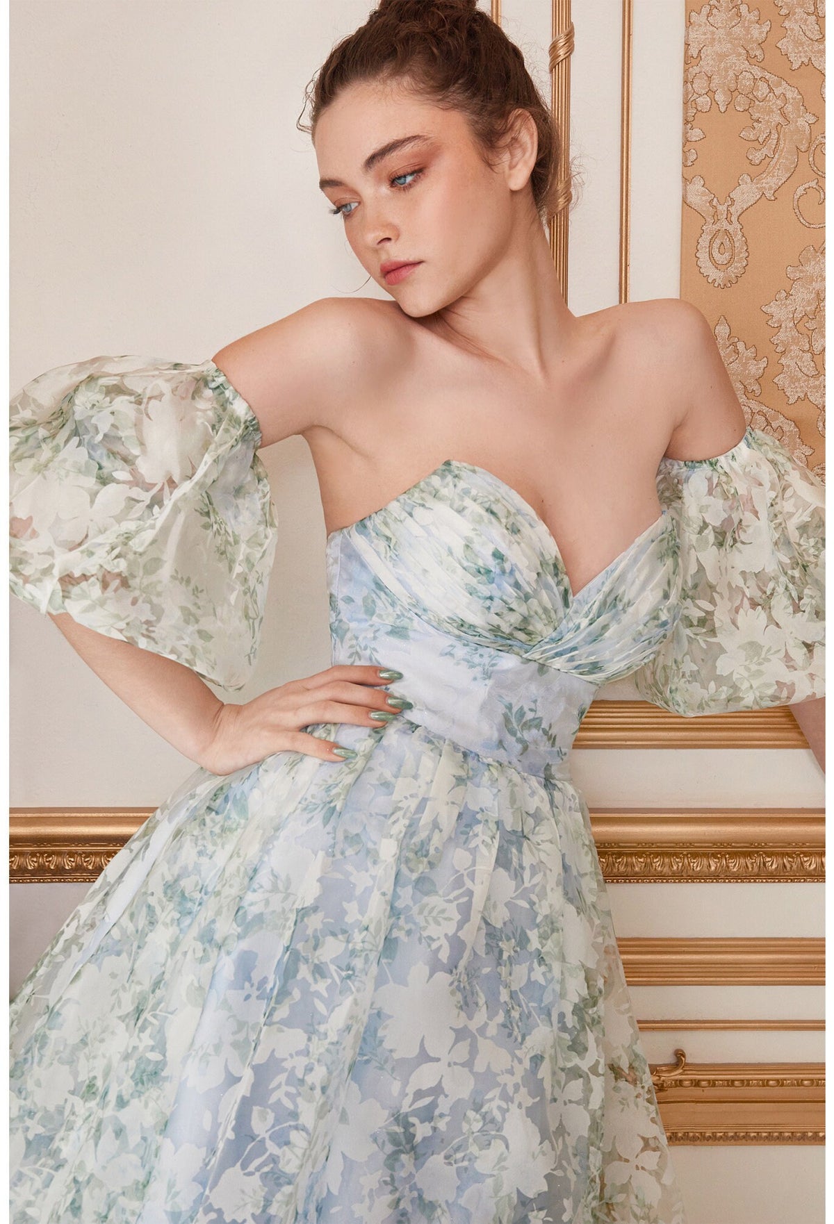 Fun Flirty Strapless Floral Tea Length Dress Sleeveless V Sweetheart Neckline Detachable Puff Sleeves Declicate Fabric Prom Reception Formal