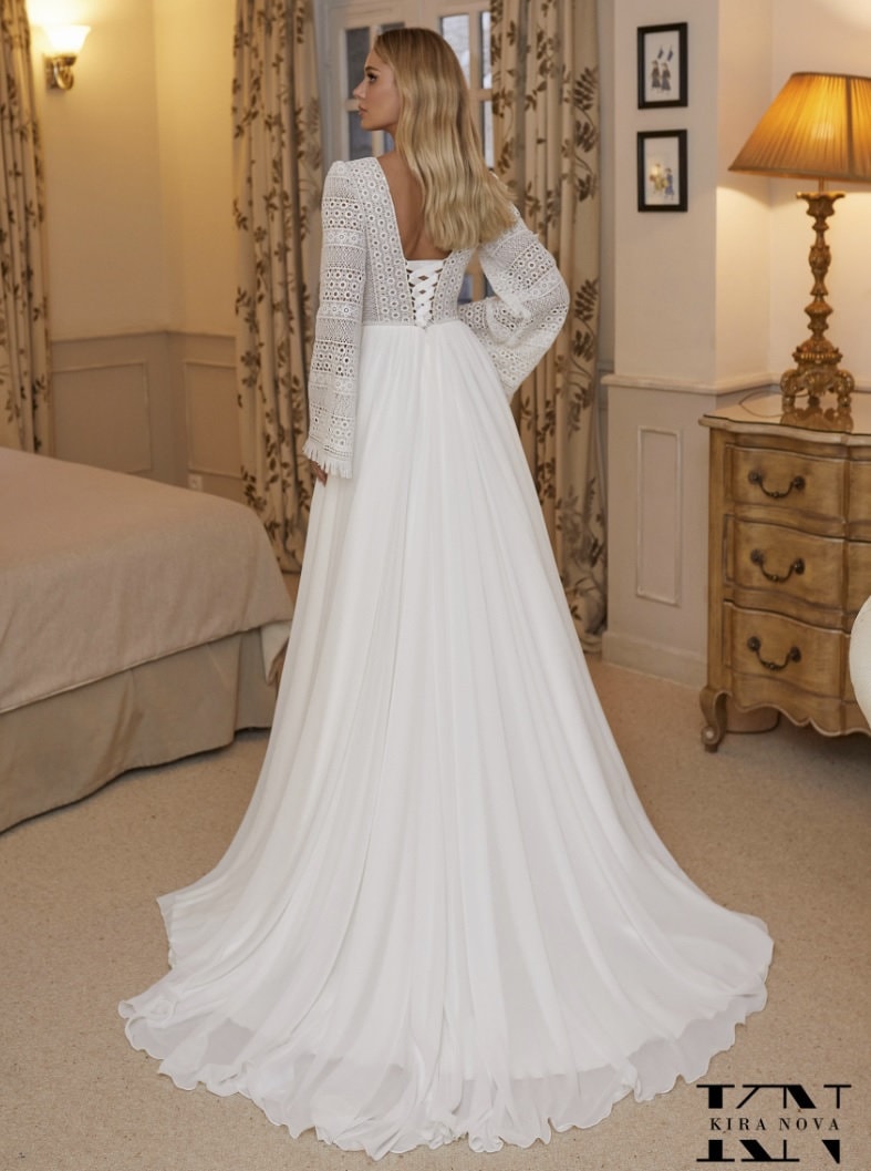 Simple Lace Boho Long Wide Bell Sleeves V Neckline Chiffon Skirt Side Slit Wedding Dress Bridal Gown Aline Minimalist Corset Lace Up Back