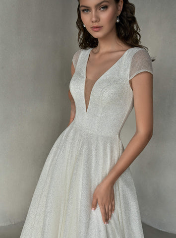 Elegant Aline Wedding Dress Bridal Gown V Neck Sparkle Design Illusion Open Back Short Cap Sleeves Train All Over Glitter Ivory Buttons