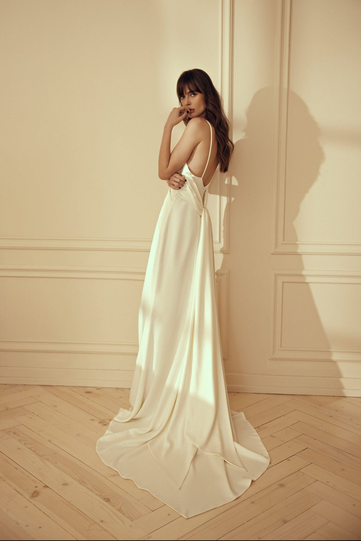 Slip Style Wedding Dress Bridal Gown with Spaghetti Straps Sleeveless Side Slit Peek A Boo Lace Low Cut V Neck Open Back Minimalist Sheath