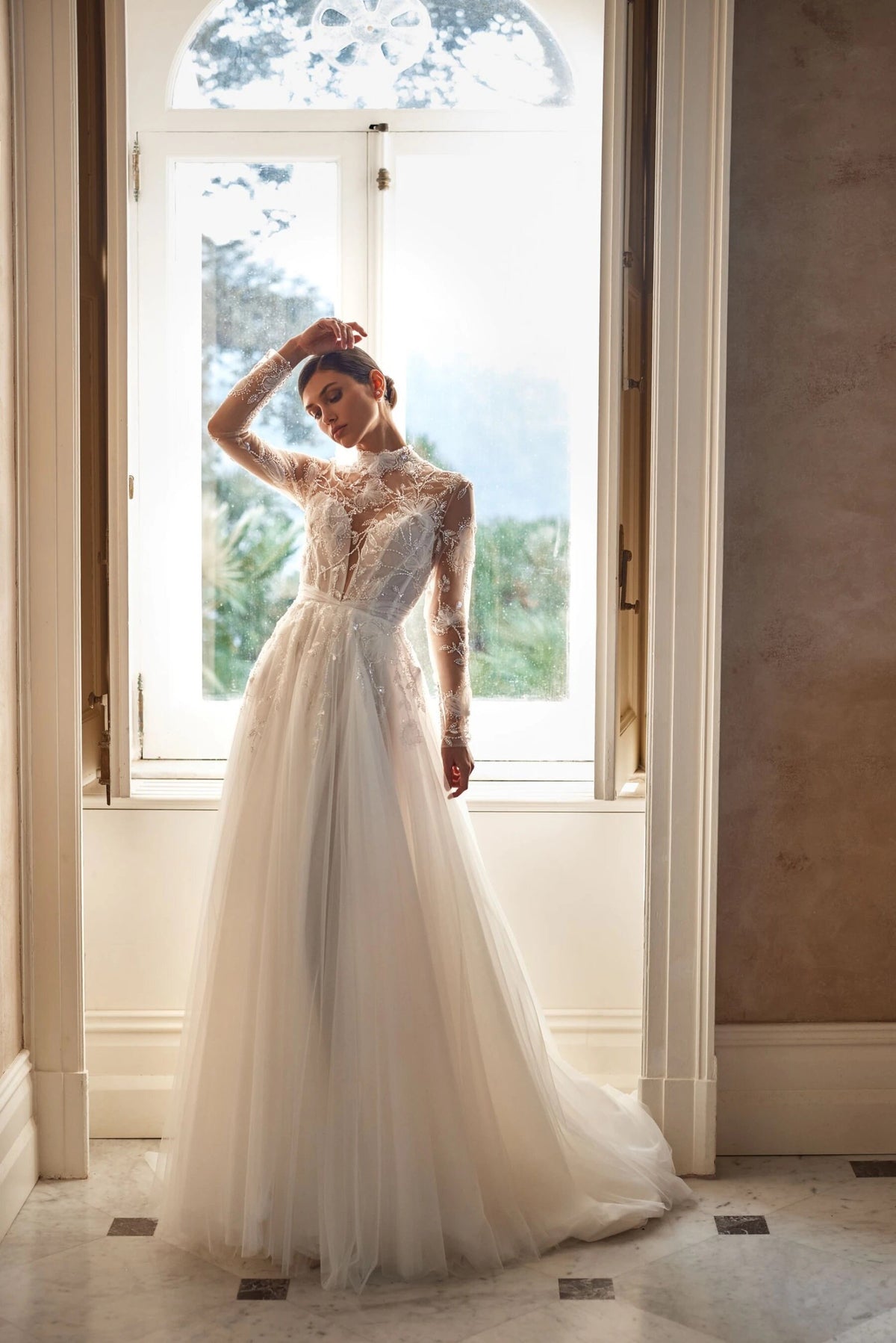Stunning Aline Long Illusion Sleeves Embroidered Flowers Semi Transparent Bodice Deep V Neckline High Collar Wedding Dress Bridal Gown