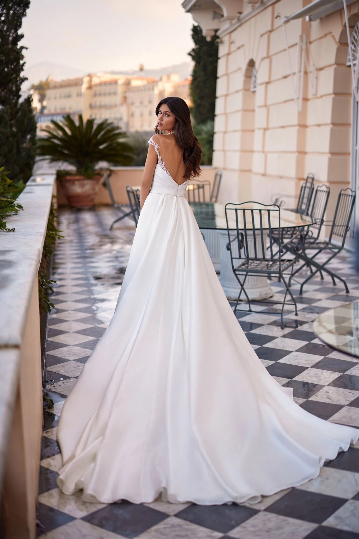 Elegant Aline Mikado Short Cap Sleeves Wedding Dress Bridal Gown Simple Classic Side Slit with Pleats Luxurious Train Open V Back