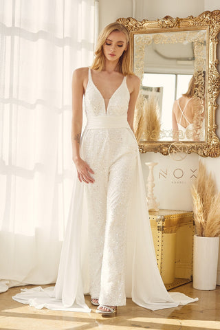 Sparkle Sequin White Bridal Jumpsuit Wedding Detachable Train Sleeveless Plunging V Neckline Sparkle