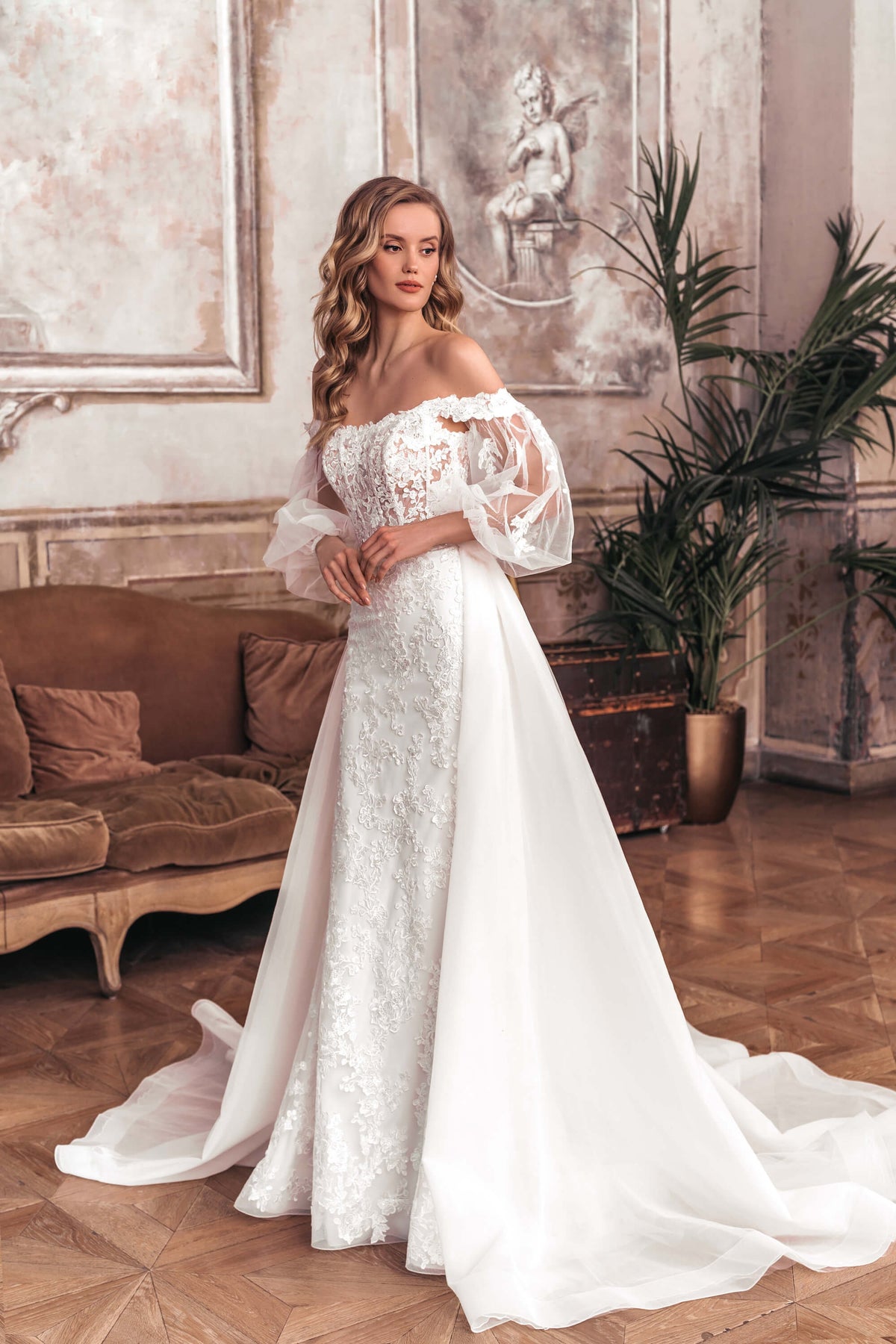 Original Mermaid Fit and Flare Detachable Long Puff Sleeves Wedding Dress Bridal Gown Detachable Train Transformer Design Off The Shoulder