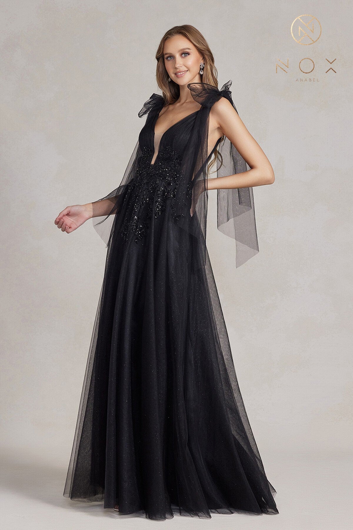 Gothic Black Aline Sleeveless Straps Bows Wedding Dress Bridal Gown Deep V Neckline Open Back Design Corset Laceup Sparkle Floor Length