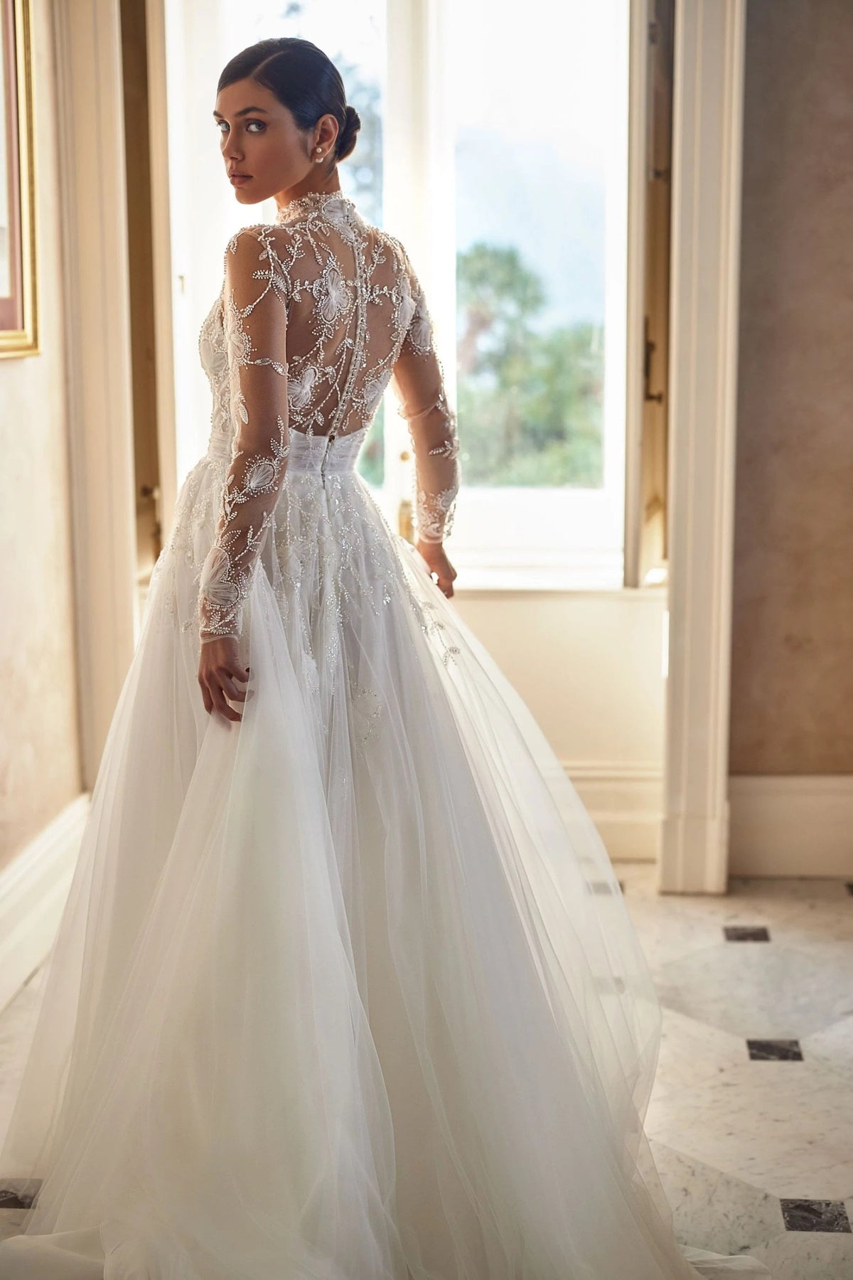 Stunning Aline Long Illusion Sleeves Embroidered Flowers Semi Transparent Bodice Deep V Neckline High Collar Wedding Dress Bridal Gown