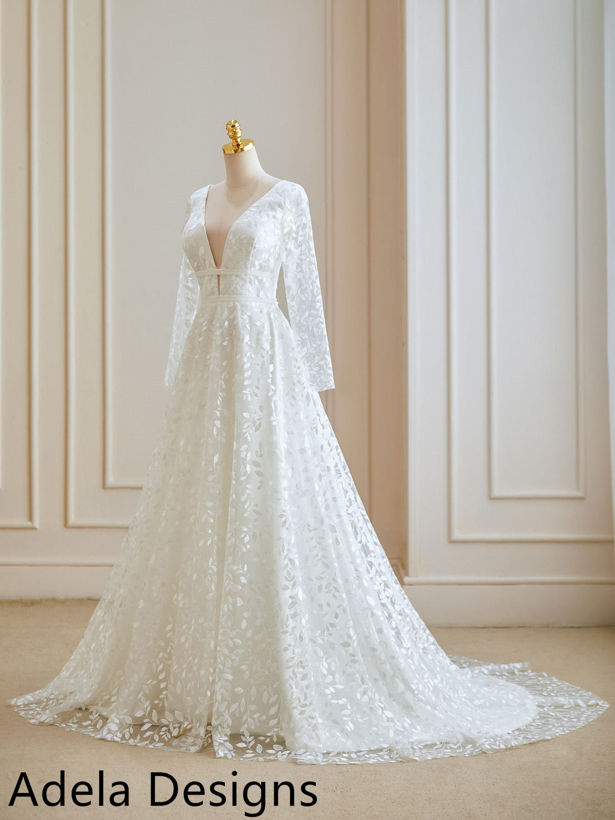 Simple Lace Aline Boho Wedding Dress Long Sleeve Bridal Gown Deep V Neckline Illusion Sleeves All Over Lace Design Open Back Sexy Style