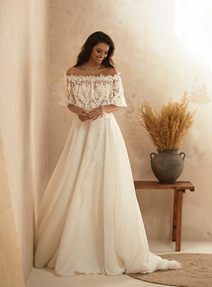 Beautiful Boho Wedding Dress Lace Bodice Off the Shoulder Bridal Gown Aline Silhouette Chiffon Skirt Summer Wedding Design Short Sleeves