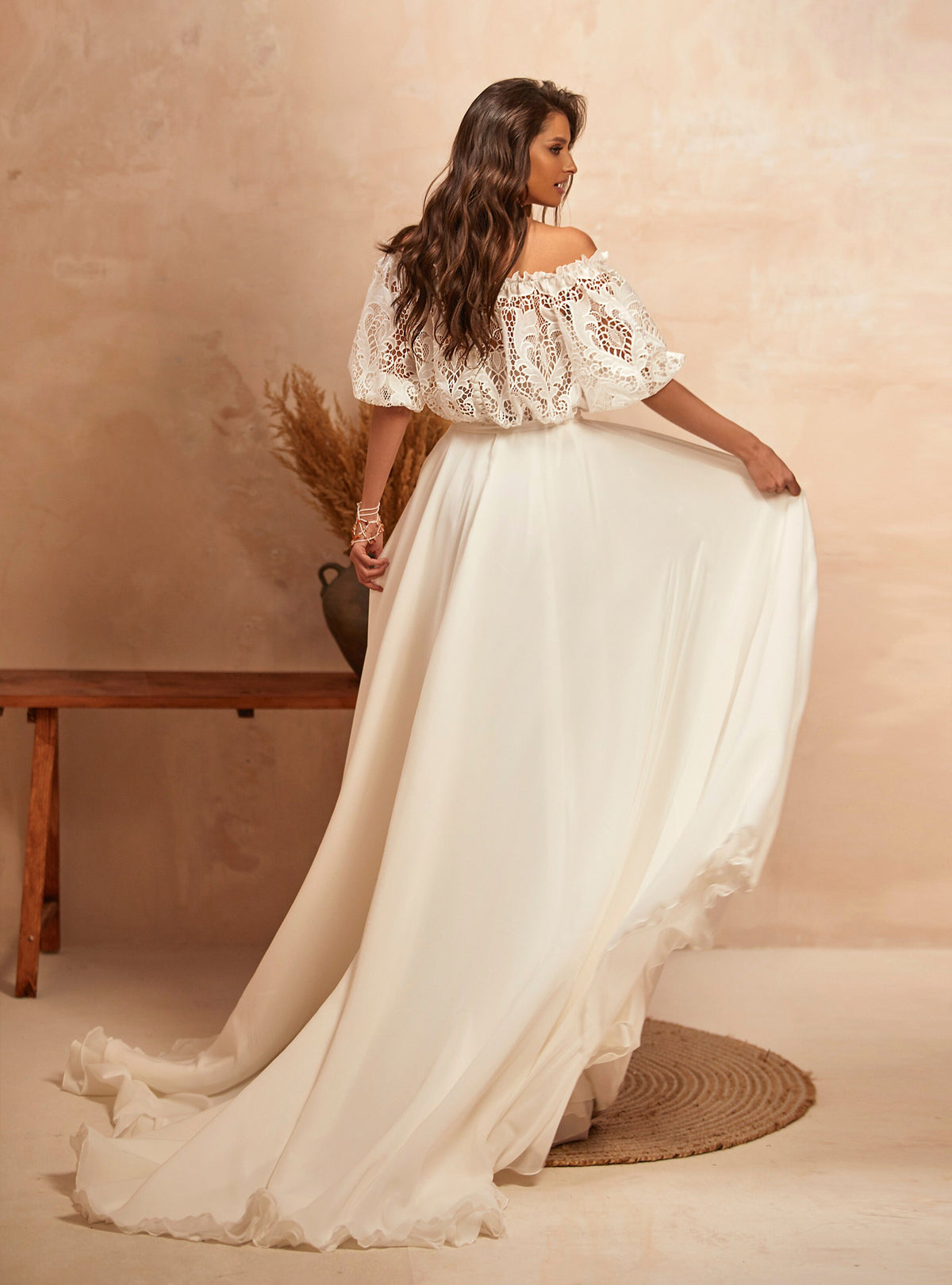 Beautiful Boho Wedding Dress Lace Bodice Off the Shoulder Bridal Gown Aline Silhouette Chiffon Skirt Summer Wedding Design Short Sleeves