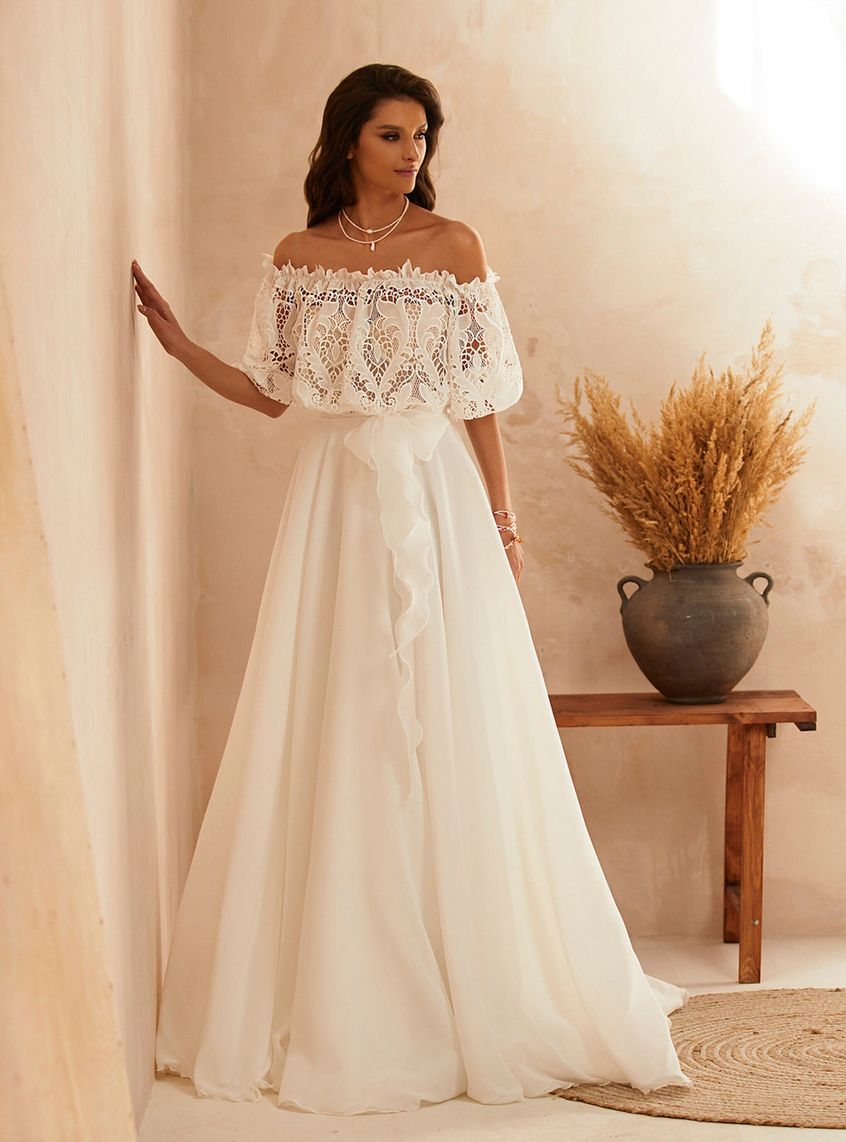 Beautiful Boho Wedding Dress Lace Bodice Off the Shoulder Bridal Gown Aline Silhouette Chiffon Skirt Summer Wedding Design Short Sleeves