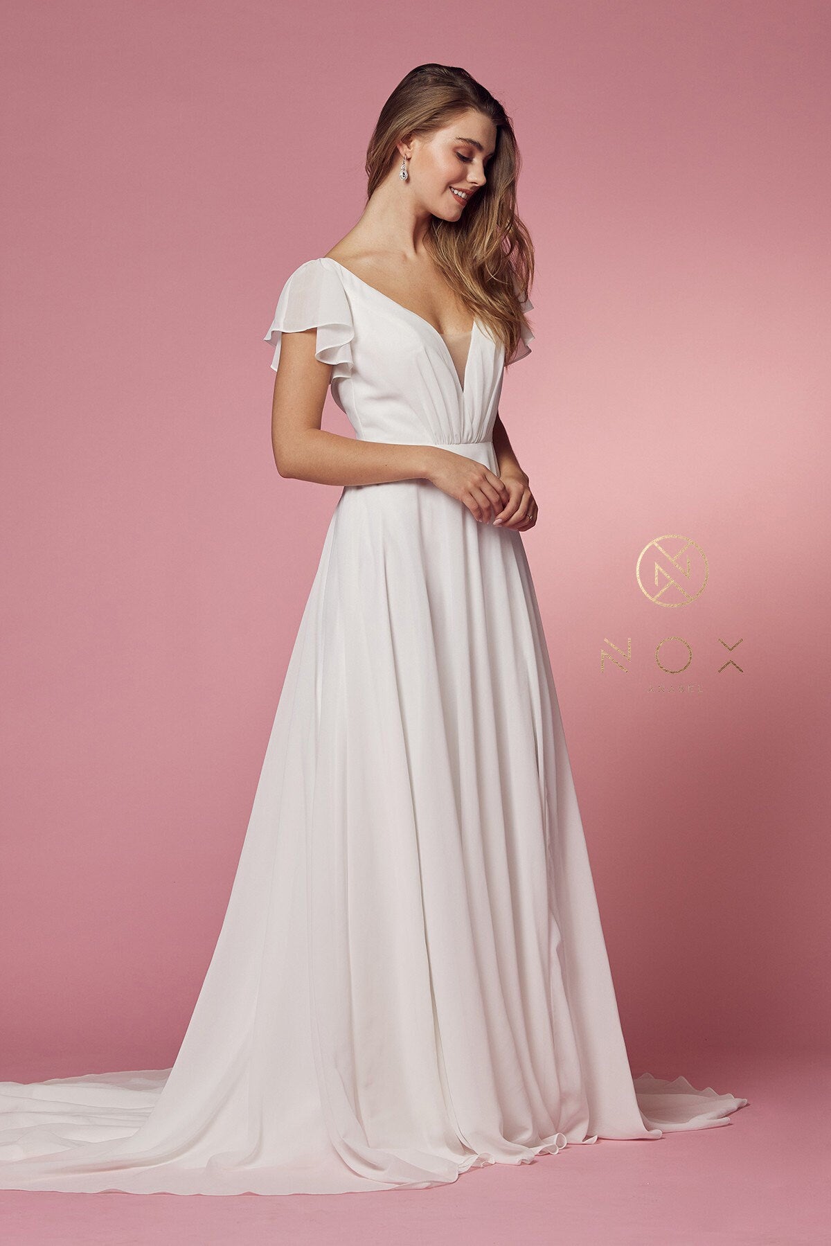 Elegant Cross V Neck Cutout Short Flutter Sleeves Wedding Dress Aline Bridal Gown Chiffon Flowing Skirt Waist Pleats Short Train Gown Sz 20