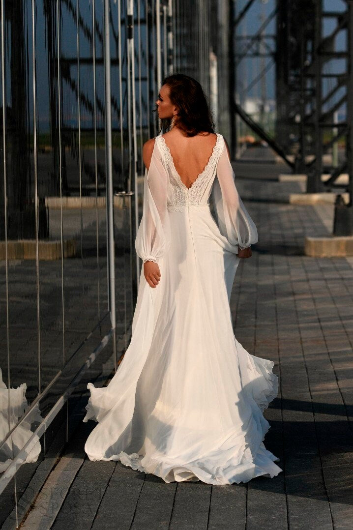 Greek Wedding Dress in Milky Chiffon Long Sleeves Lace Cuffs V-shaped Neckline Open Back Lace Trim Bridal Gown two Side Slits at the Front