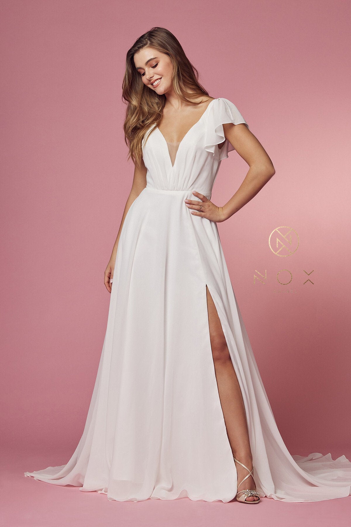 Elegant Cross V Neck Cutout Short Flutter Sleeves Wedding Dress Aline Bridal Gown Chiffon Flowing Skirt Waist Pleats Short Train Gown Sz 20