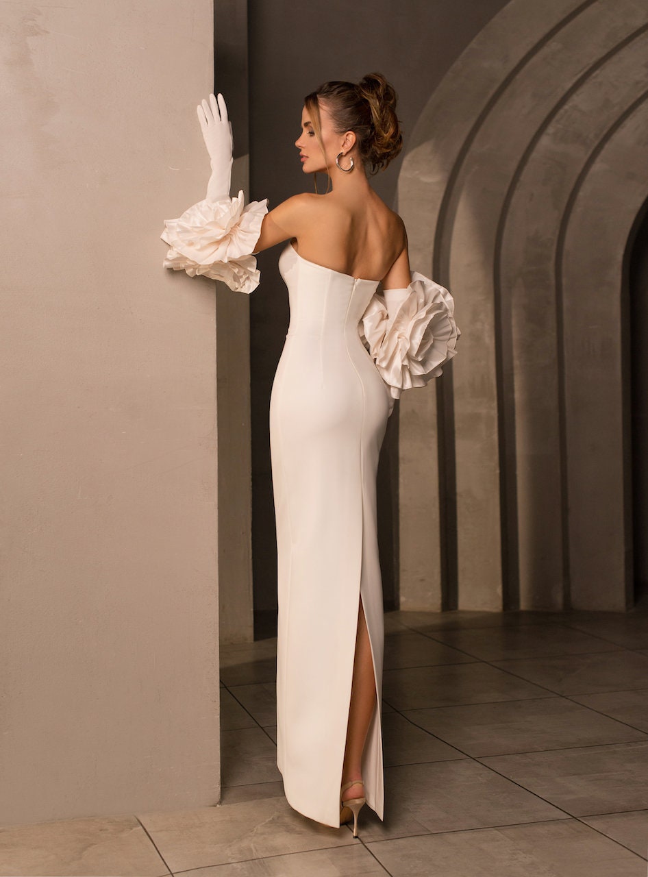 Minimalist Sleeveless Strapless Sheath Wedding Dress | Straight Neckline Bridal Gown | Unique Puff Gloves | Floor Length | Fitted & Backless