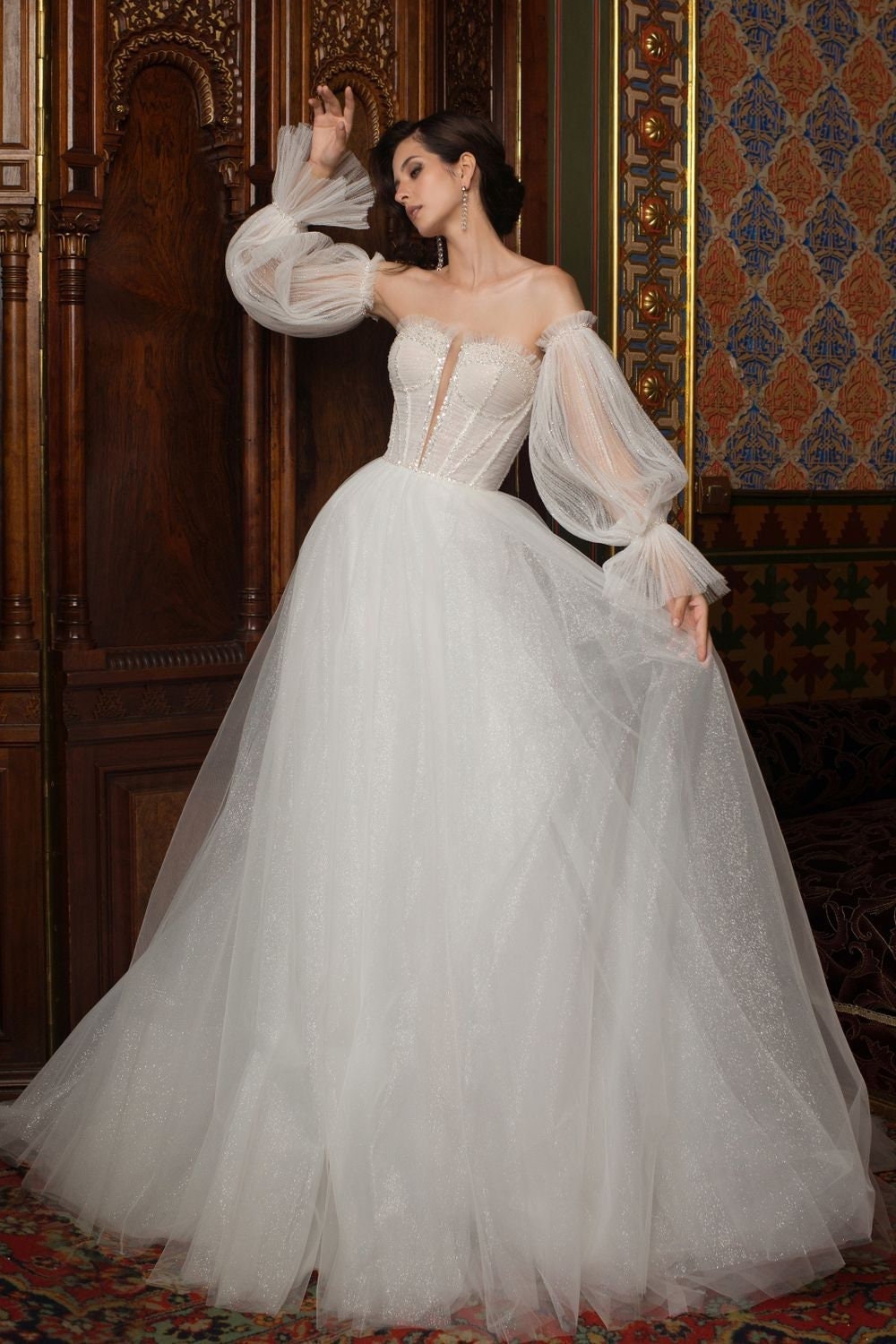 Sparkle Sleeveless Strapless Aline Wedding Dress | Split Neckline Bridal Gown | Unique Puff Sleeves | Short Train | Backless | Bustier Top