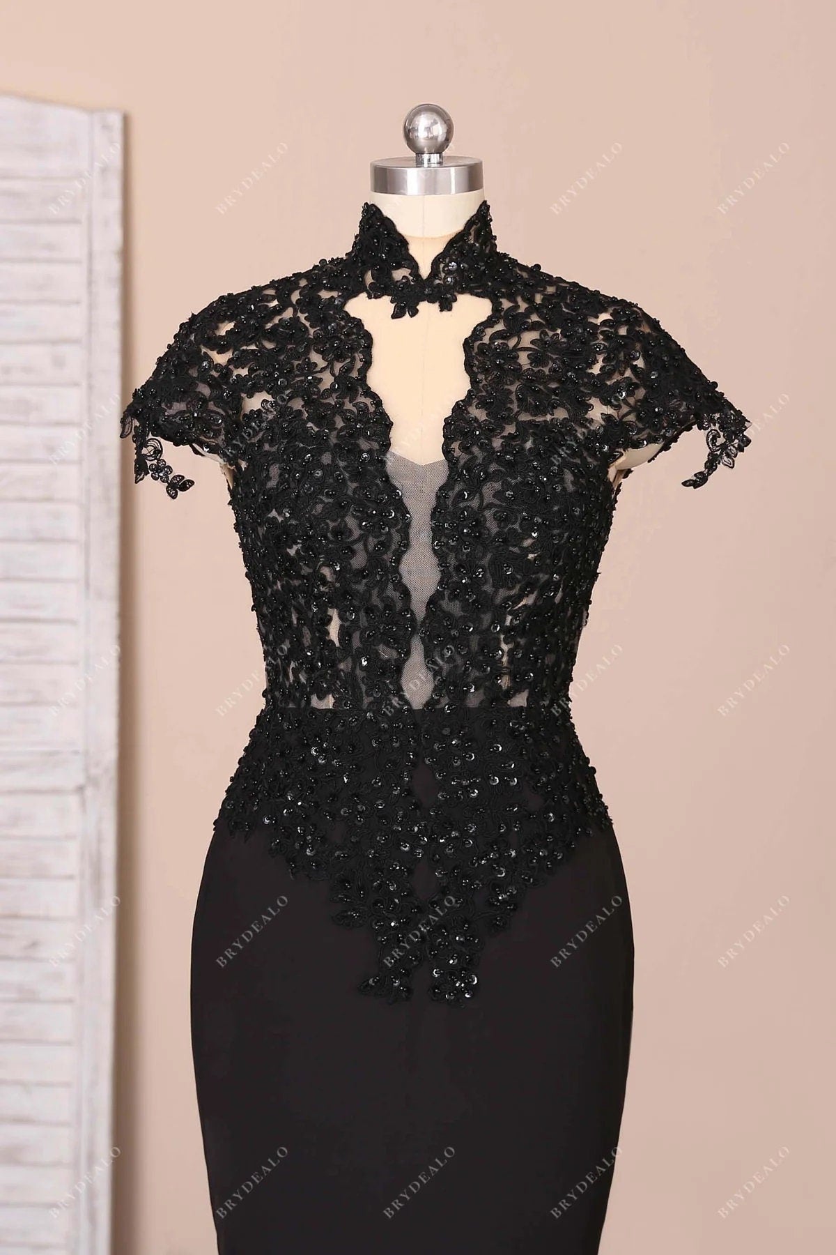 Black Beaded Lace Cap Sleeve Wedding Dress 3D Rosette Train Bridal Gown Unique Design Gothic Queen Sexy Plunging Neckline Open Back Collar